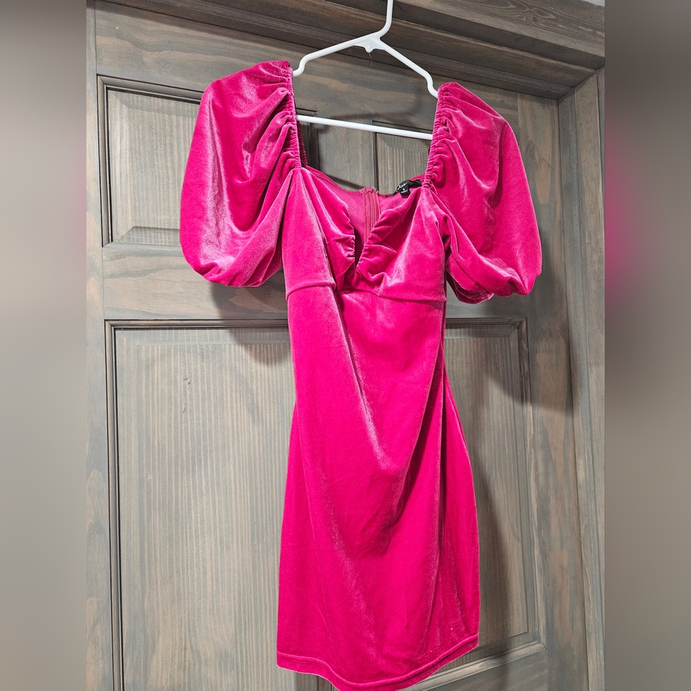 Elegant Hot Pink Pink Velvet Puff Sleeve Dress
